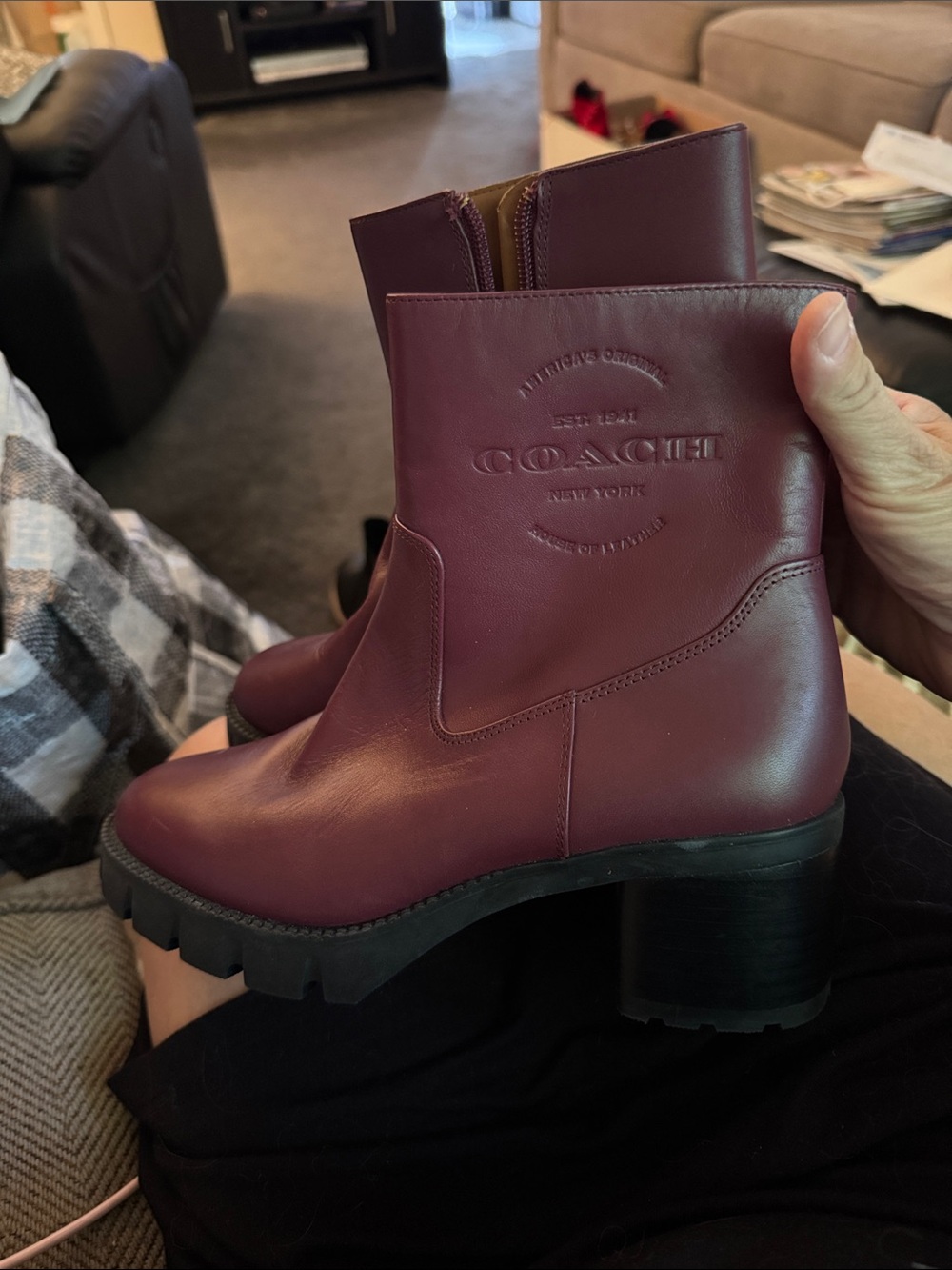 Coach Burgundy Leather Chunky Heel Ankle Boots